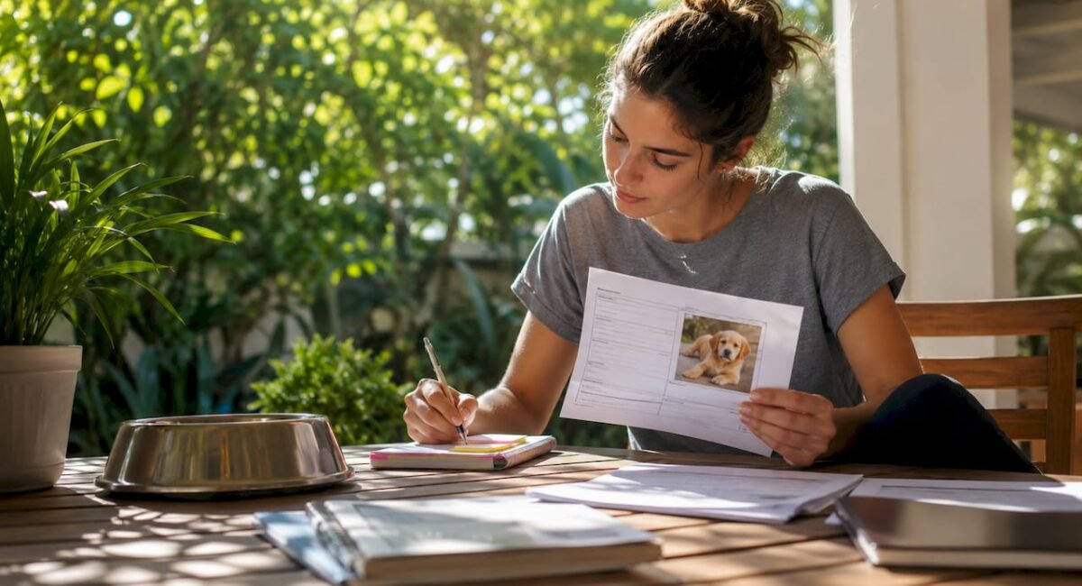 Owner reviewing puppy rehoming documents
