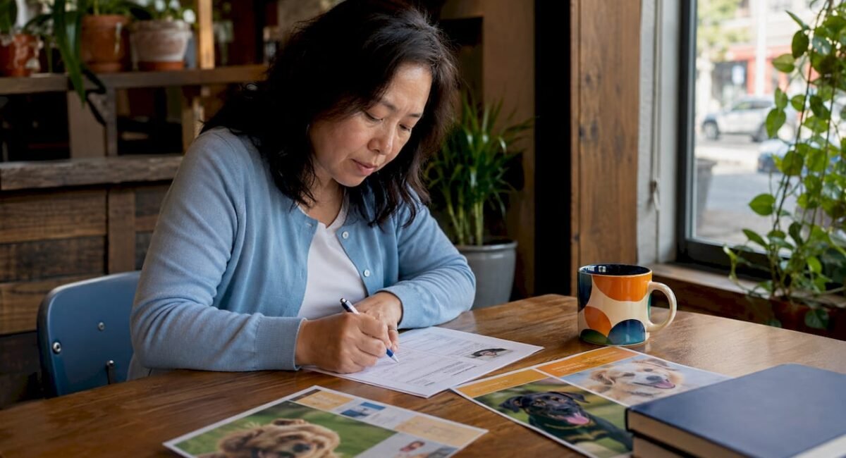 Woman completing pet matching questionnaire