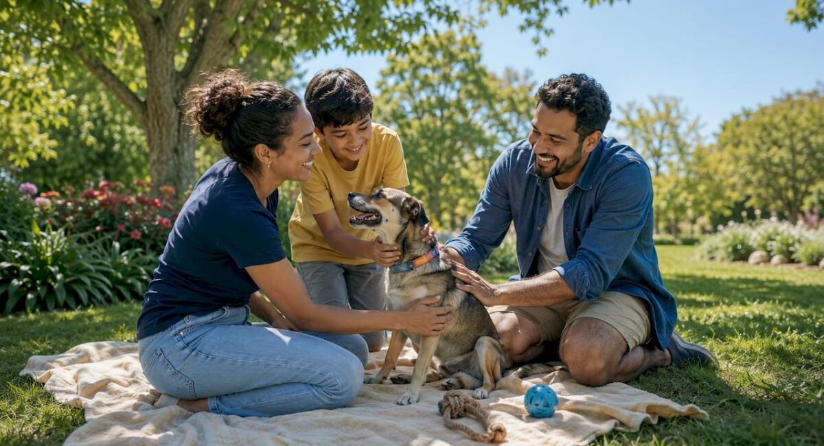 Family with shelter dog at shelter lobby