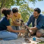 Family with shelter dog at shelter lobby