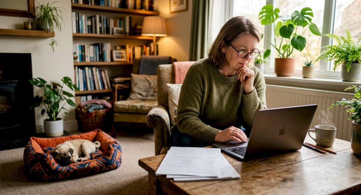 Dog breeder viewing professional website at home desk