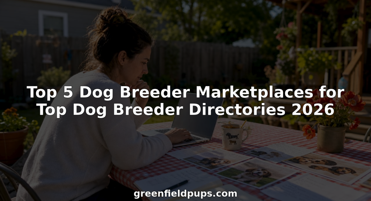 Woman browsing dog breeder marketplace at home laptop