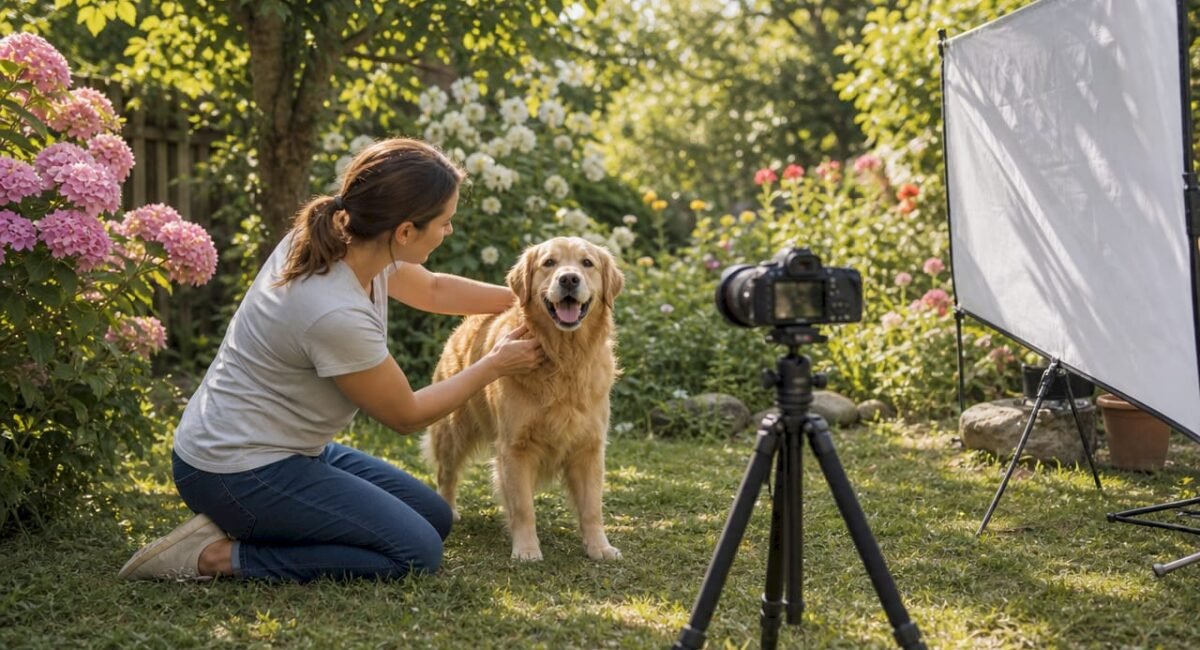 Woman setting up dog photo shoot indoors