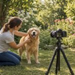 Woman setting up dog photo shoot indoors