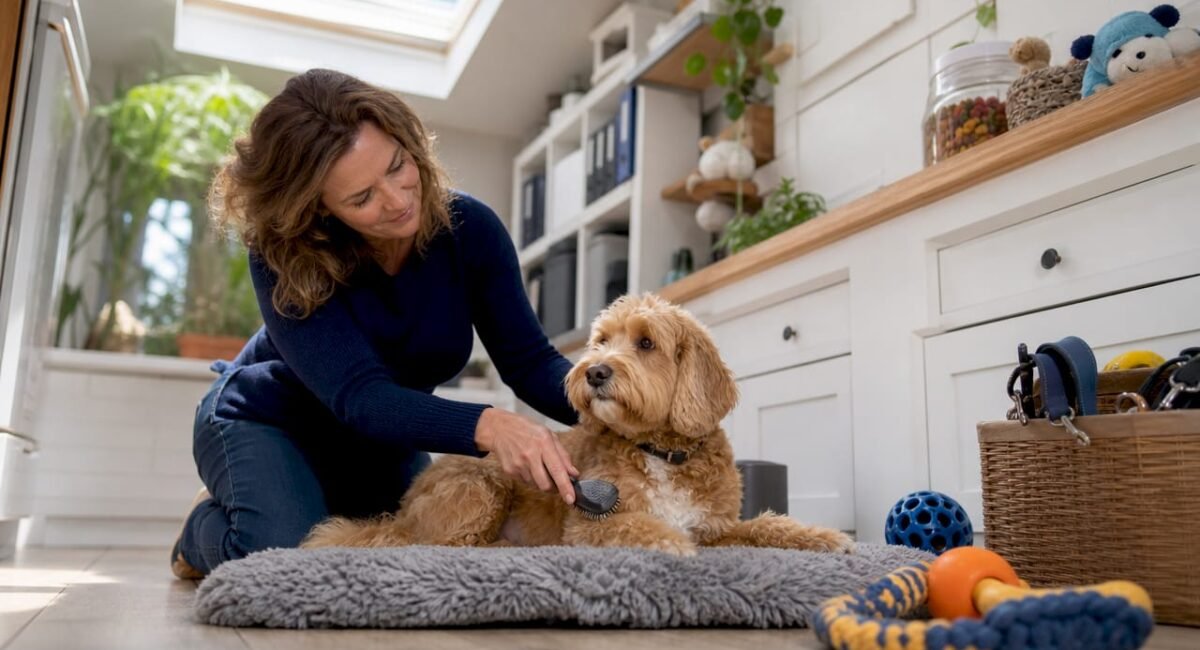 Woman preparing dog with health documents nearby